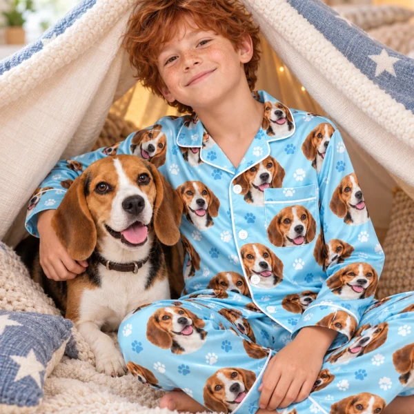 Boy in kids beagle pajamas with his Beagle — MyDogPics