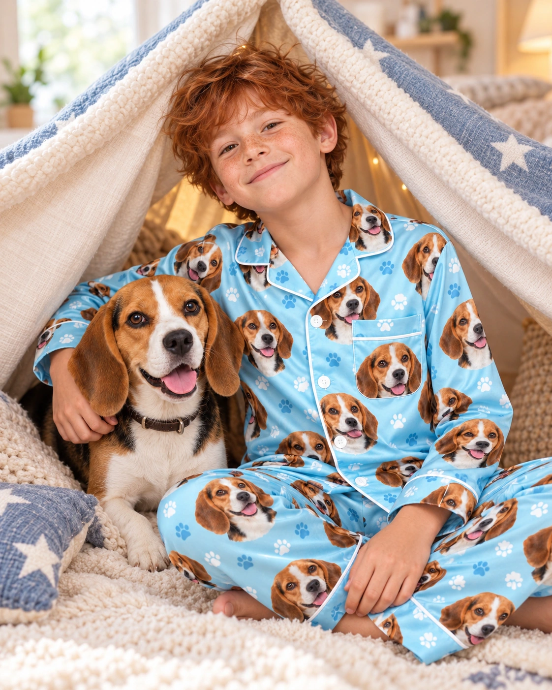 Kids Beagle Pajamas – With Dog, Light Blue Paw-Print | MyDogPics Boy in kids beagle pajamas with his Beagle — MyDogPics