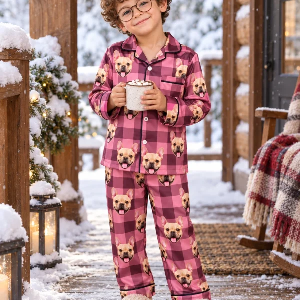 Boy posing in kids button down pajamas, fawn French bulldog faces on pink plaid satin — MyDogPics