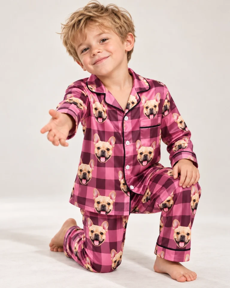 Boy posing in kids button down pajamas, fawn French bulldog faces on pink plaid satin — MyDogPics