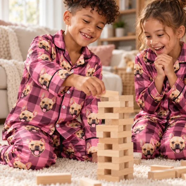Two kids in kids button down pajamas with fawn French bulldog faces on pink plaid satin — MyDogPics