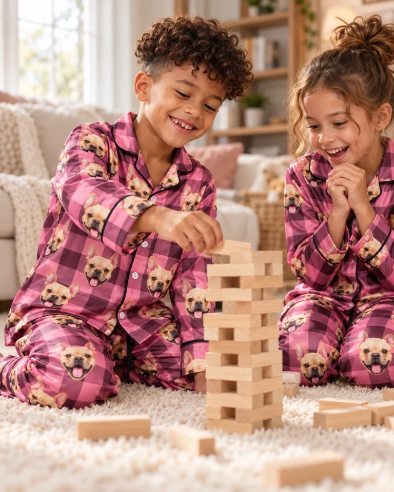Two kids in kids button down pajamas with fawn French bulldog faces on pink plaid satin — MyDogPics