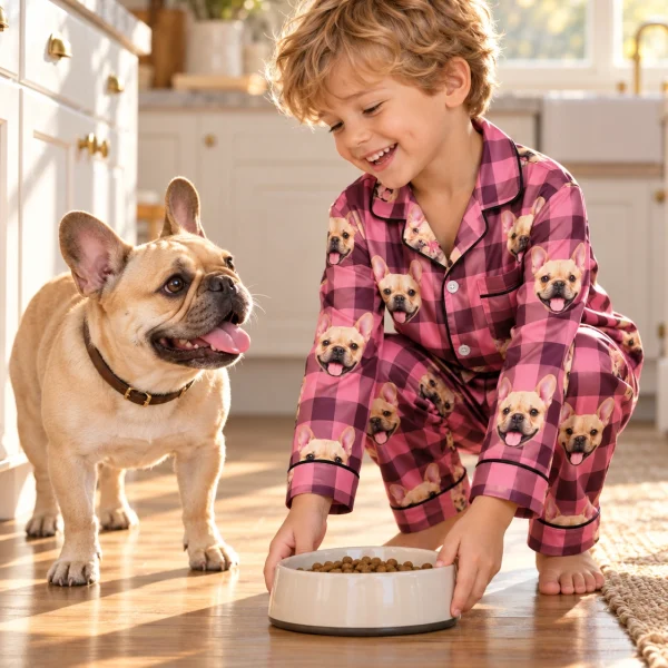 Boy in kids button down pajamas with his French bulldog — MyDogPics