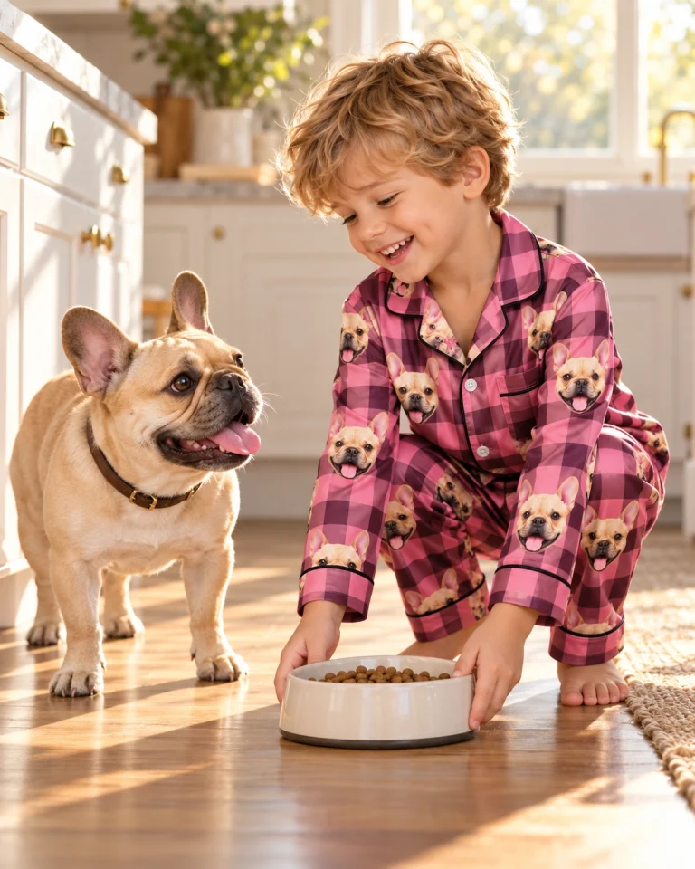 Boy in kids button down pajamas with his French bulldog — MyDogPics