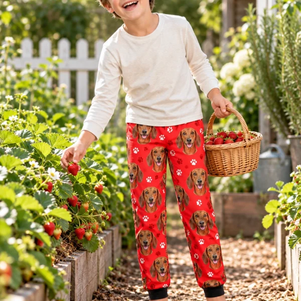 Boy posing in kids dachshund pajama pants, red smooth-coated Dachshund faces on red paw-print fabric — MyDogPics