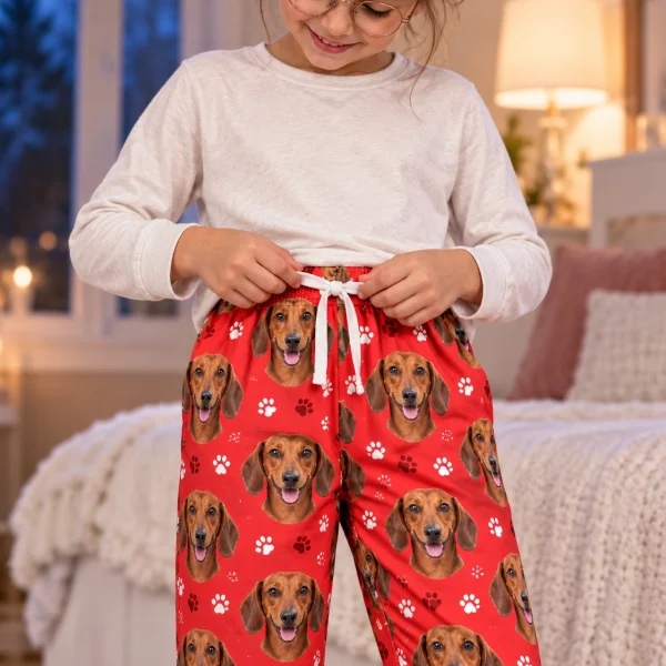Girl posing in kids dachshund pajama pants, red smooth-coated Dachshund faces on red paw-print fabric — MyDogPics