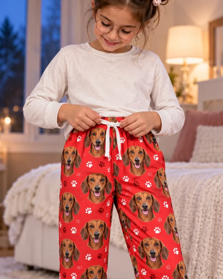 Girl posing in kids dachshund pajama pants, red smooth-coated Dachshund faces on red paw-print fabric — MyDogPics