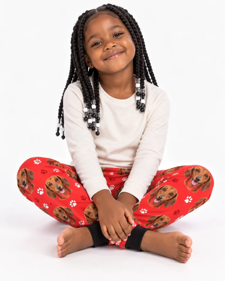 Girl sitting in kids dachshund pajama pants covered in red smooth-coated Dachshund faces — MyDogPics