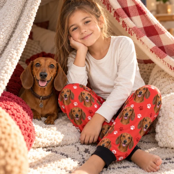 Girl in kids dachshund pajama pants with her Dachshund — MyDogPics