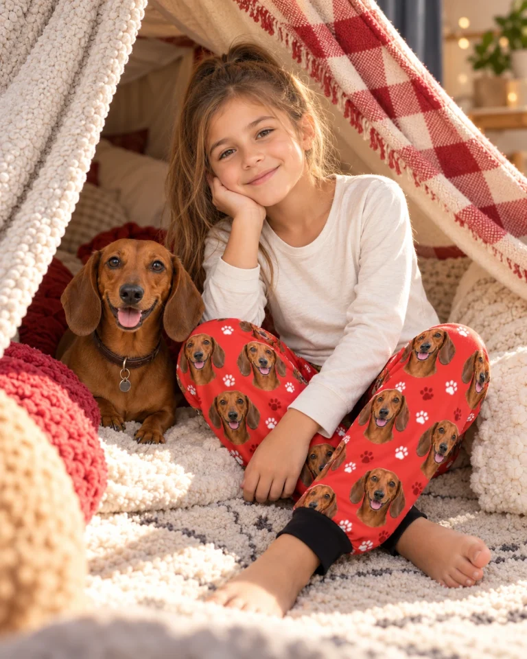 Girl in kids dachshund pajama pants with her Dachshund — MyDogPics