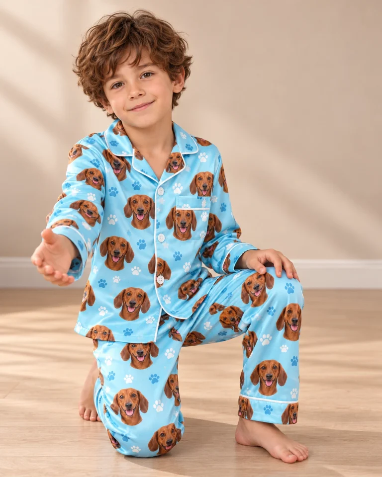 Boy posing in kids dachshund pajamas, red smooth-coated Dachshund faces on light blue paw-print satin — MyDogPics