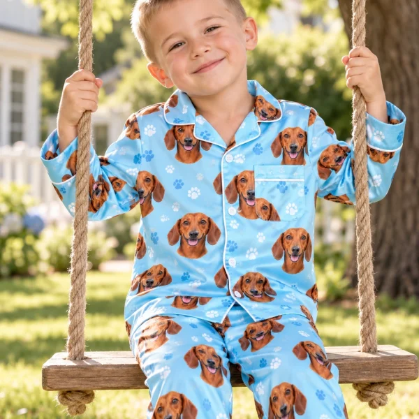 Boy sitting in kids dachshund pajamas covered in red smooth-coated Dachshund faces — MyDogPics