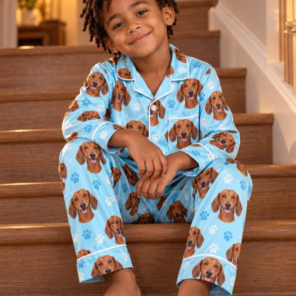 Boy sitting in kids dachshund pajamas covered in red smooth-coated Dachshund faces — MyDogPics