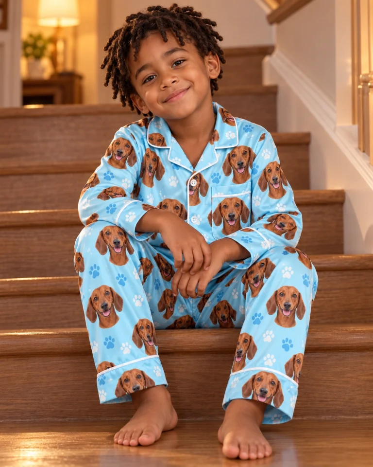Boy sitting in kids dachshund pajamas covered in red smooth-coated Dachshund faces — MyDogPics
