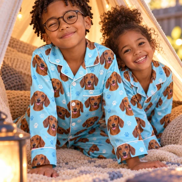Two kids in kids dachshund pajamas with red smooth-coated Dachshund faces on light blue paw-print satin — MyDogPics