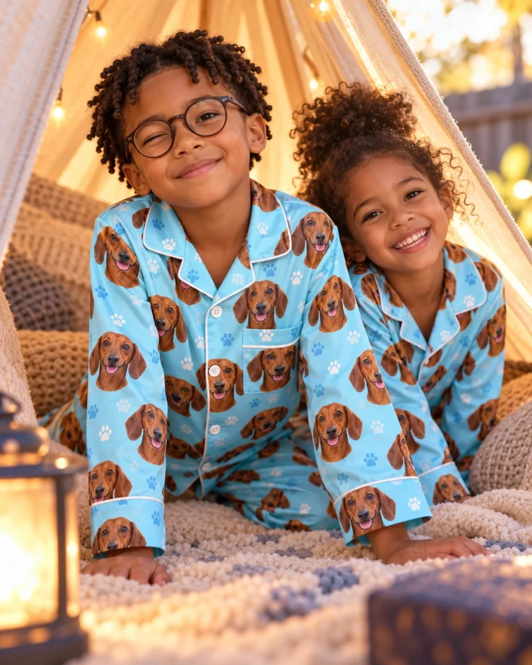 Two kids in kids dachshund pajamas with red smooth-coated Dachshund faces on light blue paw-print satin — MyDogPics