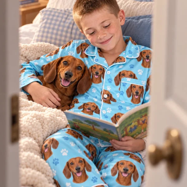 Boy in kids dachshund pajamas with his Dachshund — MyDogPics