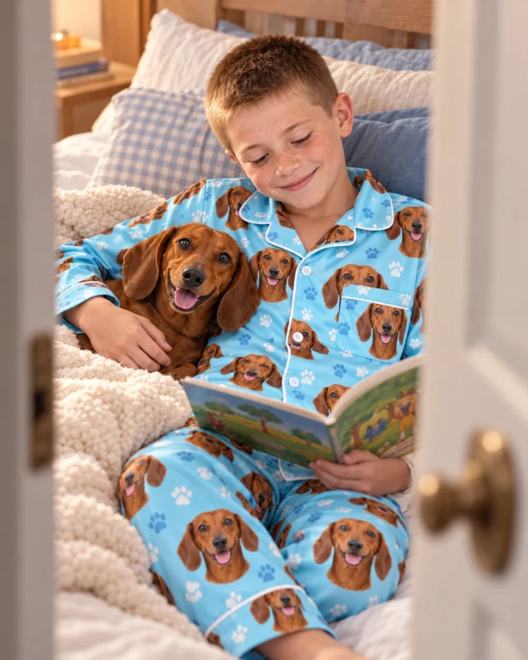Boy in kids dachshund pajamas with his Dachshund — MyDogPics