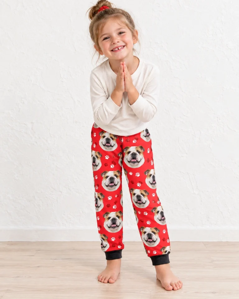 Girl wearing kids english bulldog pajama pants covered in white-and-fawn English Bulldog faces — MyDogPics