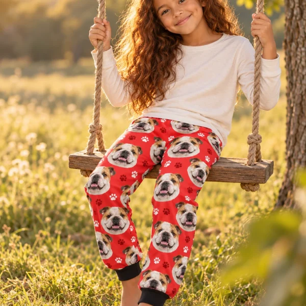Girl sitting in kids english bulldog pajama pants covered in white-and-fawn English Bulldog faces — MyDogPics