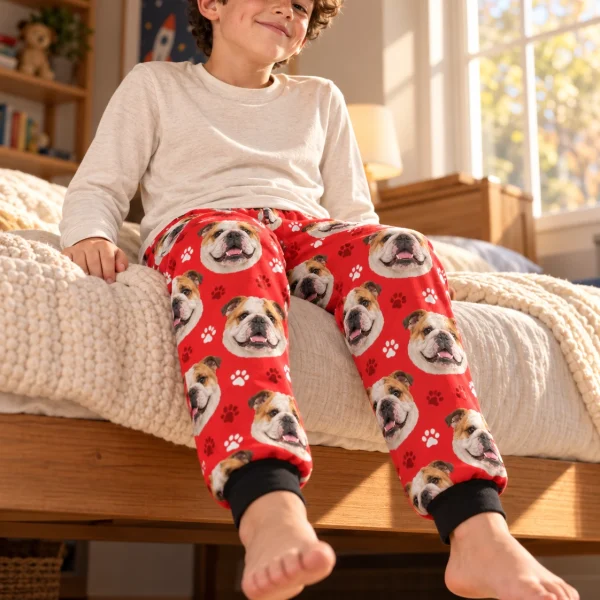 Boy sitting in kids english bulldog pajama pants covered in white-and-fawn English Bulldog faces — MyDogPics