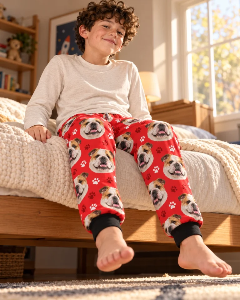 Boy sitting in kids english bulldog pajama pants covered in white-and-fawn English Bulldog faces — MyDogPics