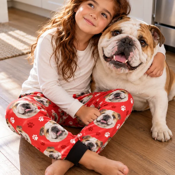 Girl in kids english bulldog pajama pants with her Bulldog — MyDogPics