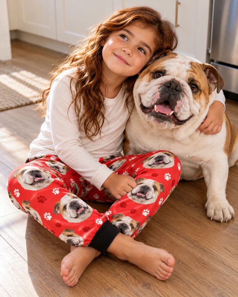 Girl in kids english bulldog pajama pants with her Bulldog — MyDogPics