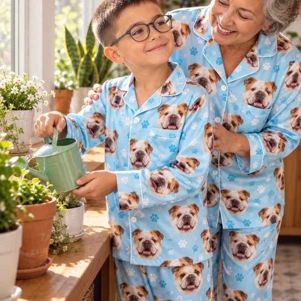 Boy and his grandma in matching kids english bulldog pajamas with white-and-fawn English Bulldog faces — MyDogPics