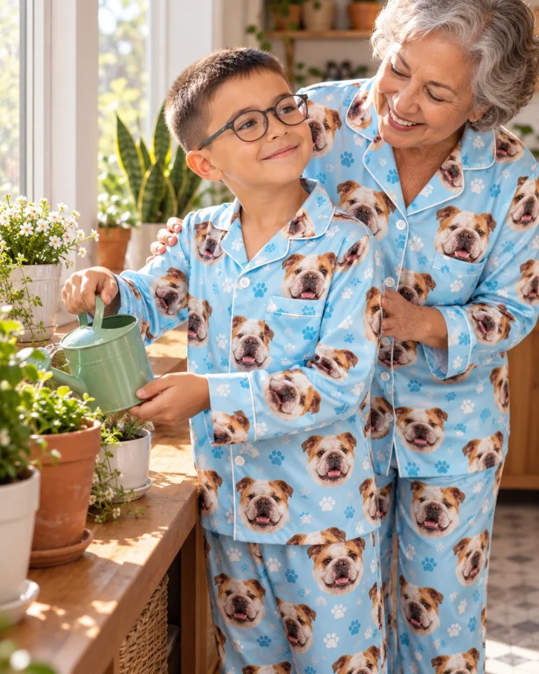 Boy and his grandma in matching kids english bulldog pajamas with white-and-fawn English Bulldog faces — MyDogPics