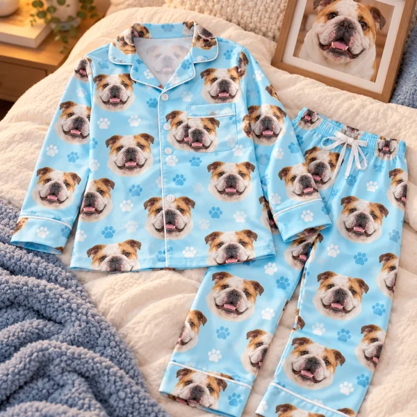 Flat lay of kids english bulldog pajamas: shirt and pants covered in white-and-fawn English Bulldog faces — MyDogPics
