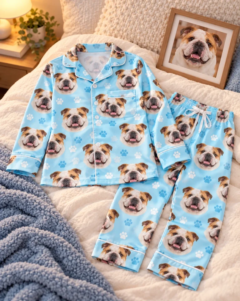 Flat lay of kids english bulldog pajamas: shirt and pants covered in white-and-fawn English Bulldog faces — MyDogPics