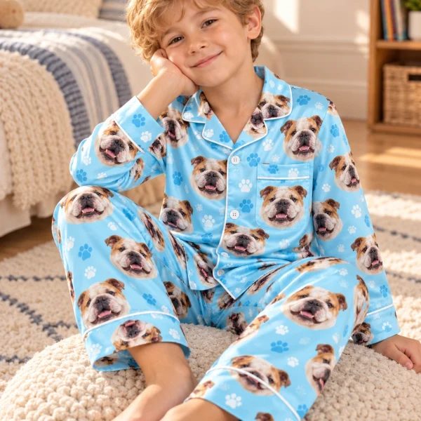 Boy sitting in kids english bulldog pajamas covered in white-and-fawn English Bulldog faces — MyDogPics
