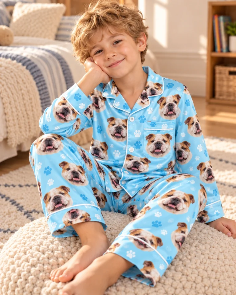 Boy sitting in kids english bulldog pajamas covered in white-and-fawn English Bulldog faces — MyDogPics