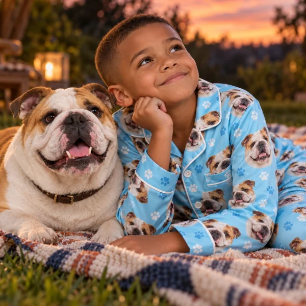 Boy in kids english bulldog pajamas with his Bulldog — MyDogPics