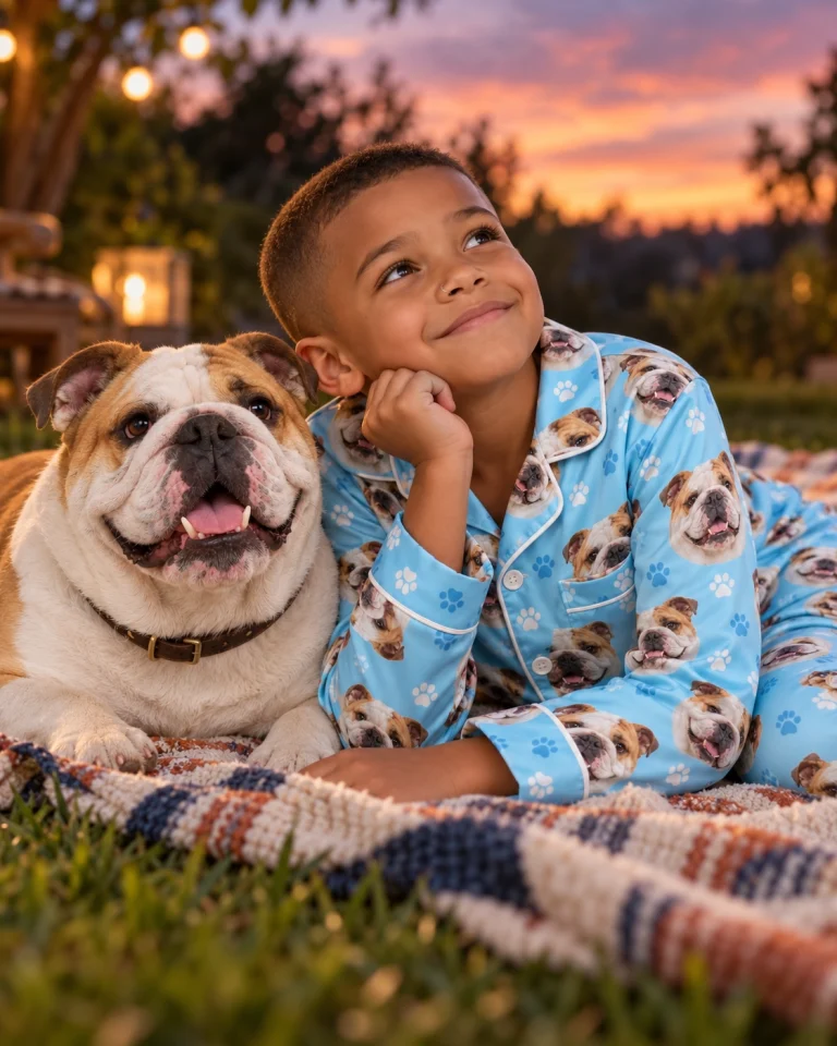 Boy in kids english bulldog pajamas with his Bulldog — MyDogPics