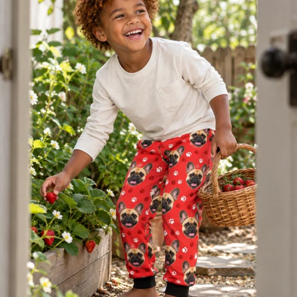 Boy posing in kids French bulldog pajama pants, fawn French Bulldog faces on red paw-print fabric — MyDogPics