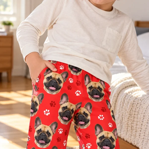 Boy posing in kids French bulldog pajama pants, fawn French Bulldog faces on red paw-print fabric — MyDogPics