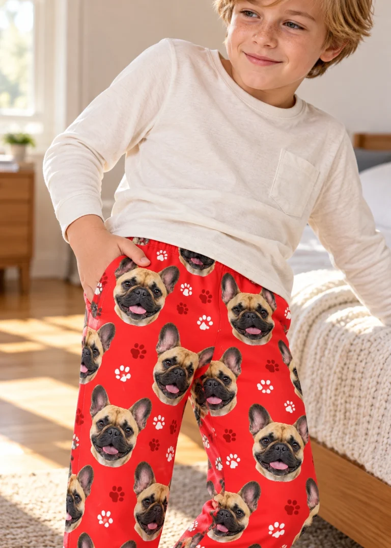 Boy posing in kids French bulldog pajama pants, fawn French Bulldog faces on red paw-print fabric — MyDogPics