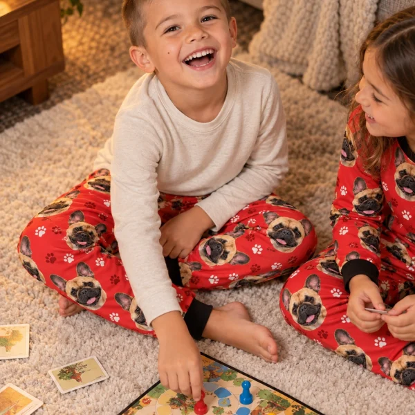 Two kids in kids French bulldog pajama pants with fawn French Bulldog faces on red paw-print fabric — MyDogPics