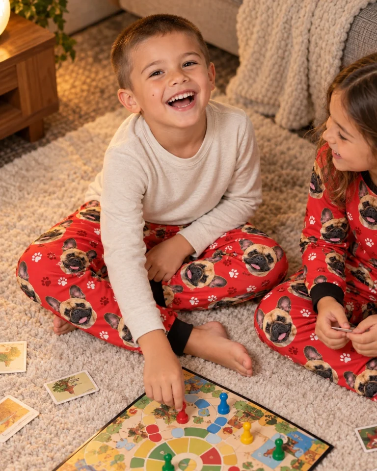 Two kids in kids French bulldog pajama pants with fawn French Bulldog faces on red paw-print fabric — MyDogPics