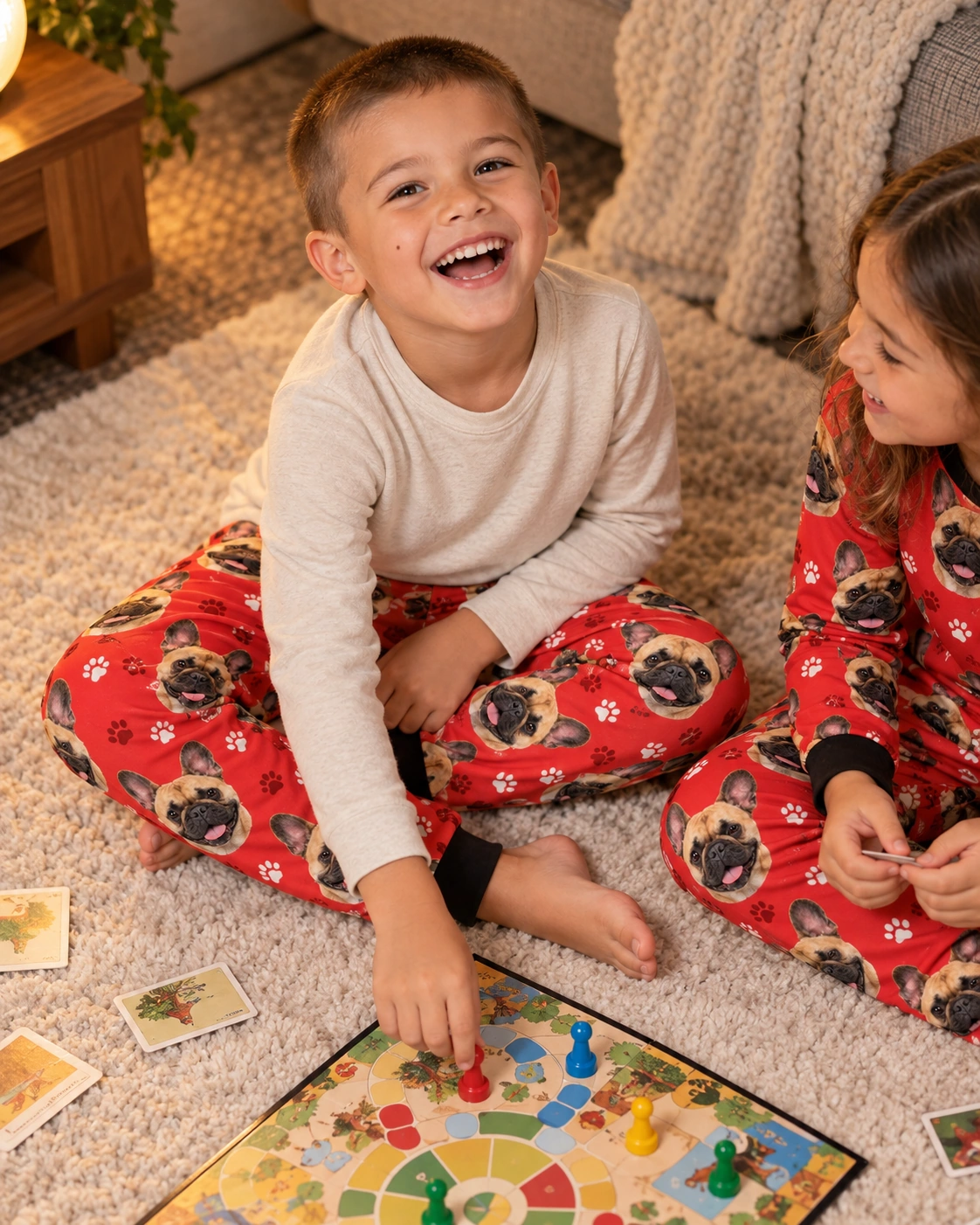 Kids French Bulldog Pajama Pants – Two Kids, Red Paw-Print | MyDogPics Two kids in kids French bulldog pajama pants with fawn French Bulldog faces on red paw-print fabric — MyDogPics
