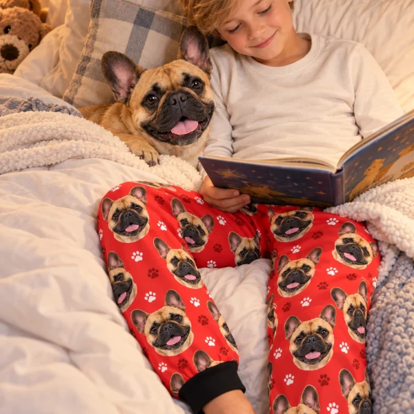 Boy in kids French bulldog pajama pants with his French Bulldog — MyDogPics