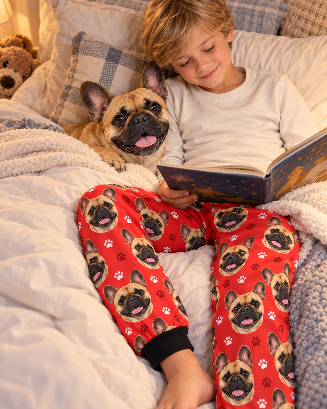Kids French Bulldog Pajama Pants – With Dog, Red Paw-Print | MyDogPics Boy in kids French bulldog pajama pants with his French Bulldog — MyDogPics