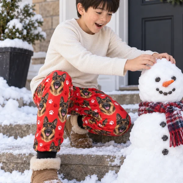 Boy posing in kids German shepherd pajama pants, black-and-tan German Shepherd faces on red paw-print fabric — MyDogPics