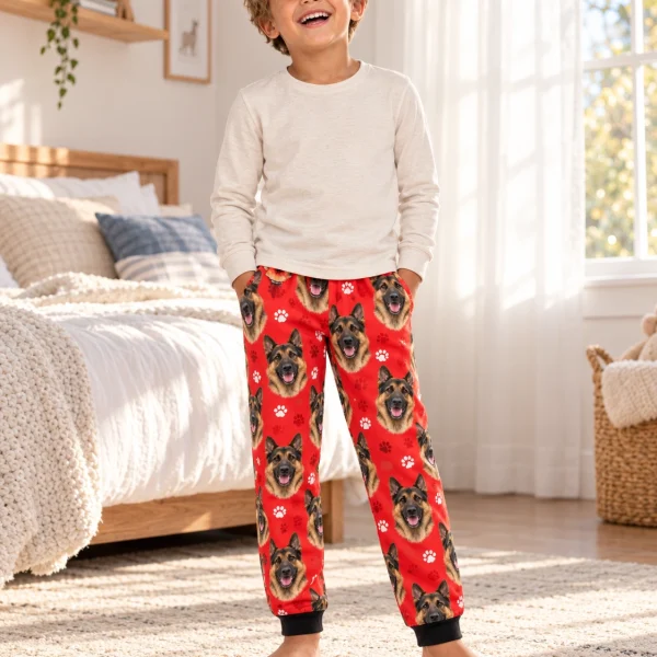 Boy posing in kids German shepherd pajama pants, black-and-tan German Shepherd faces on red paw-print fabric — MyDogPics