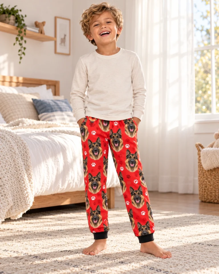 Boy posing in kids German shepherd pajama pants, black-and-tan German Shepherd faces on red paw-print fabric — MyDogPics