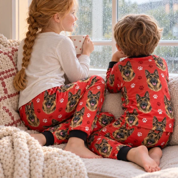 Two kids in kids German shepherd pajama pants with black-and-tan German Shepherd faces on red paw-print fabric — MyDogPics