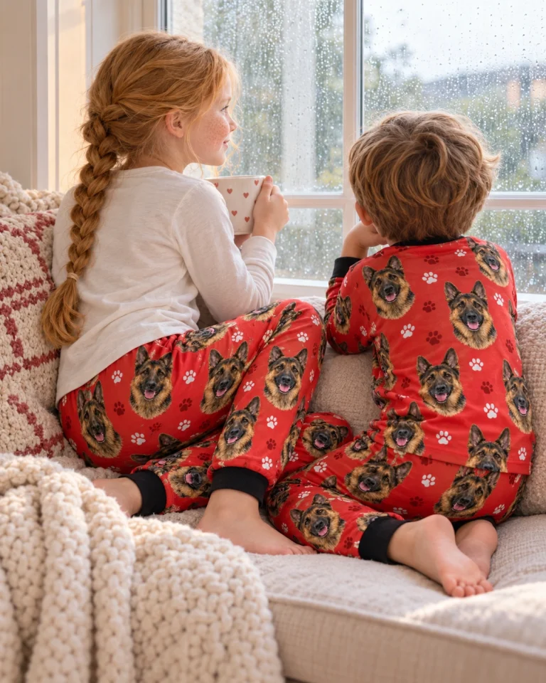 Two kids in kids German shepherd pajama pants with black-and-tan German Shepherd faces on red paw-print fabric — MyDogPics