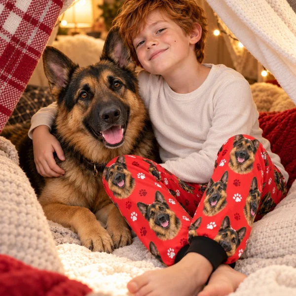 Boy in kids German shepherd pajama pants with his German Shepherd — MyDogPics